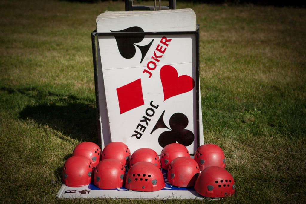 giant cards and helmets waiting for the start of the event Bridge Room at the Castle Investigation