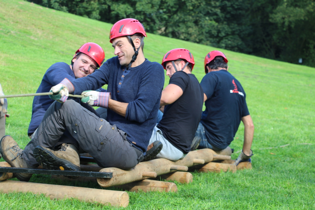 participants moving on a roller raft during the Jengame