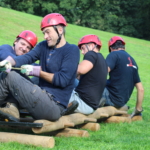 participants moving on a roller raft during the Jengame